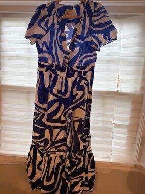 Anthropologie Blue and White Abstract Print Maxi Dress